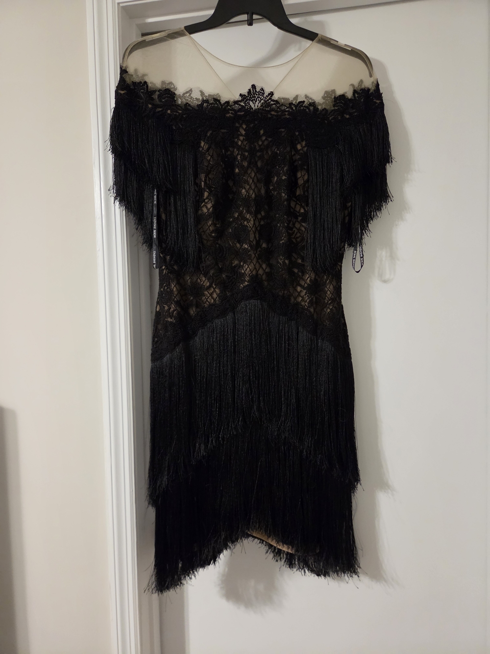 Black Fringe Lace Overlay Party Dress